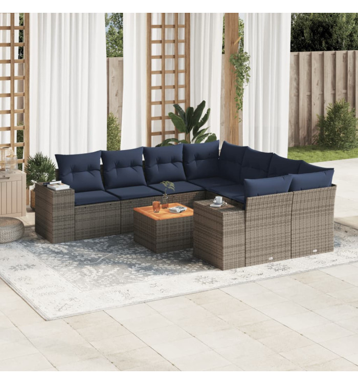 Salon de jardin 9 pcs avec coussins gris résine tressée | Mobilier & Déco