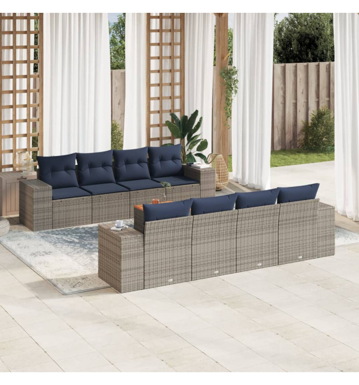 Salon de jardin 9 pcs avec coussins gris résine tressée | Mobilier & Déco