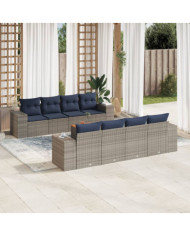 Salon de jardin 9 pcs avec coussins gris résine tressée | Mobilier & Déco