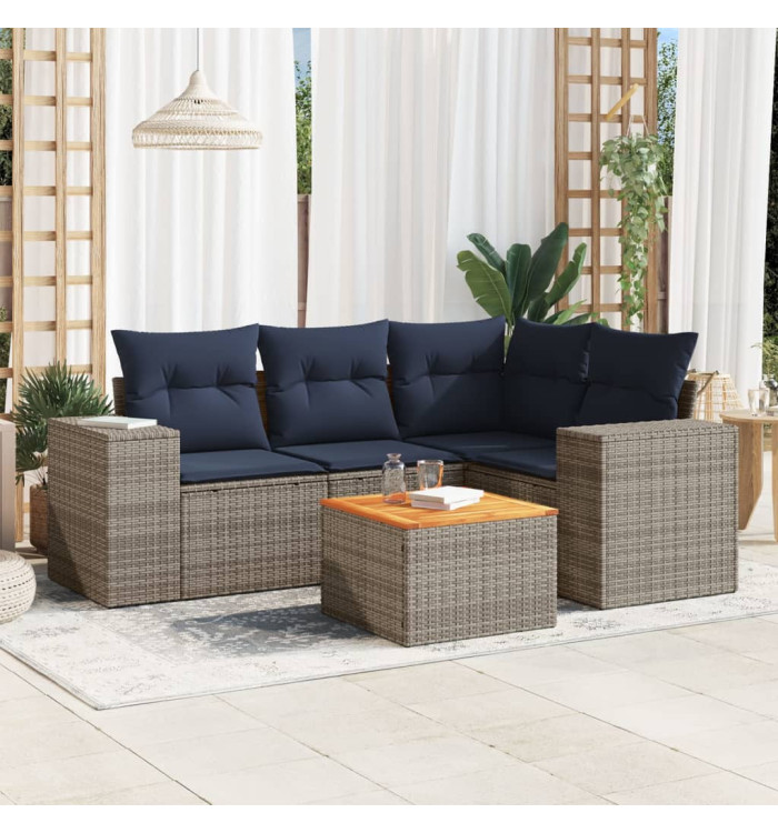Salon de jardin 5 pcs avec coussins gris résine tressée | Mobilier & Déco