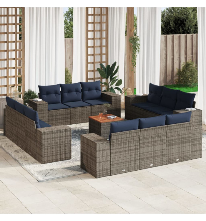 Salon de jardin avec coussins 13 pcs gris résine tressée | Mobilier & Déco