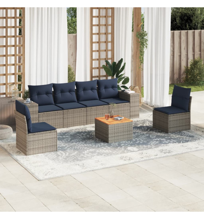Salon de jardin 7 pcs avec coussins gris résine tressée | Mobilier & Déco