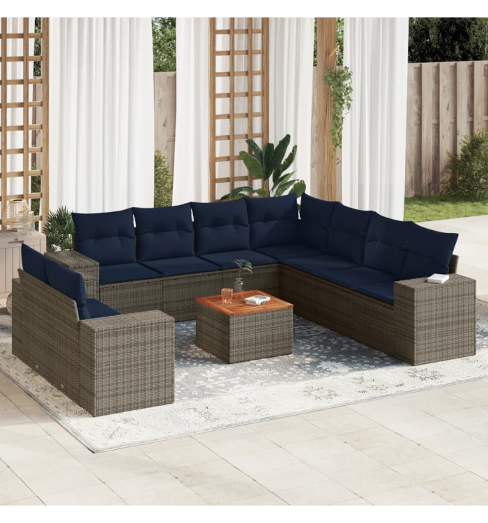Salon de jardin 10 pcs avec coussins gris résine tressée | Mobilier & Déco