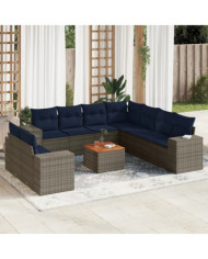 Salon de jardin 10 pcs avec coussins gris résine tressée | Mobilier & Déco