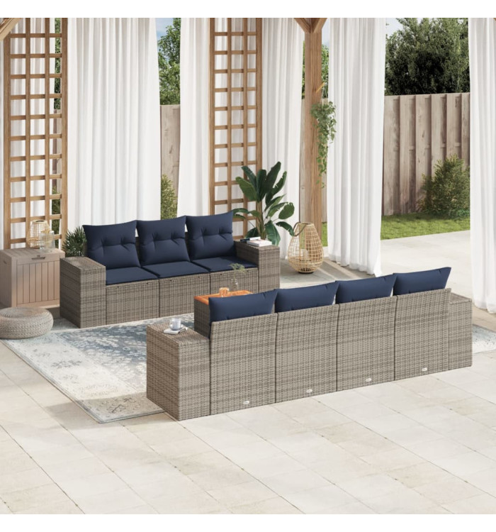 Salon de jardin 8 pcs avec coussins gris résine tressée | Mobilier & Déco