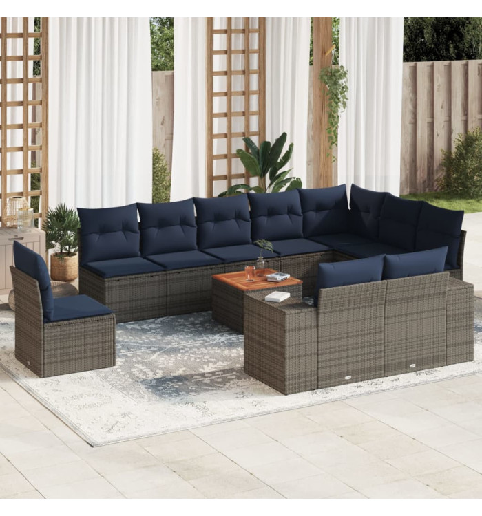 Salon de jardin 11 pcs avec coussins gris résine tressée | Mobilier & Déco