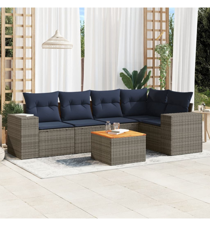 Salon de jardin 6 pcs avec coussins gris résine tressée | Mobilier & Déco