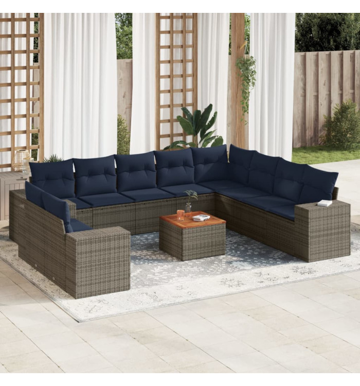 Salon de jardin 11 pcs avec coussins gris résine tressée | Mobilier & Déco