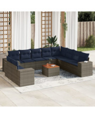 Salon de jardin 11 pcs avec coussins gris résine tressée | Mobilier & Déco