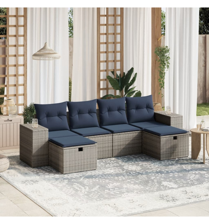 Salon de jardin 6 pcs avec coussins gris résine tressée | Mobilier & Déco