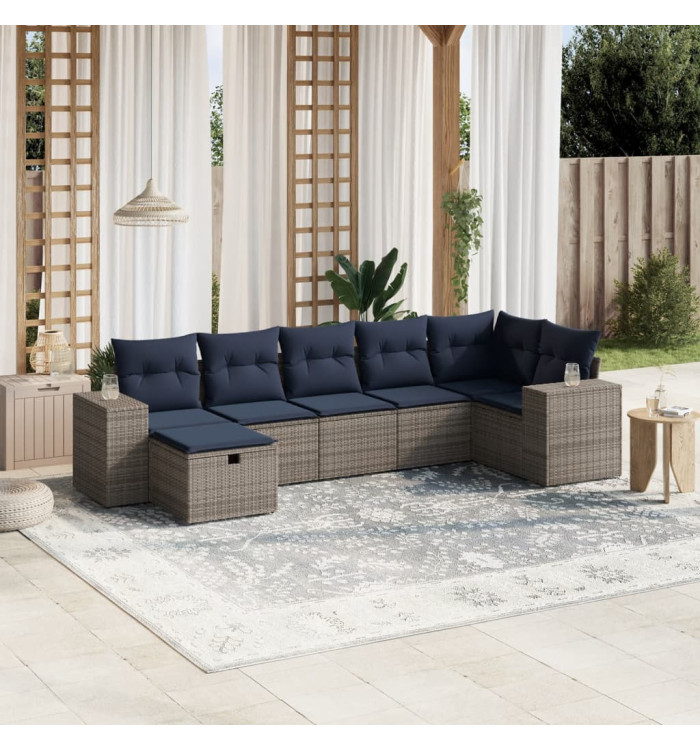 Salon de jardin 7 pcs avec coussins gris résine tressée | Mobilier & Déco