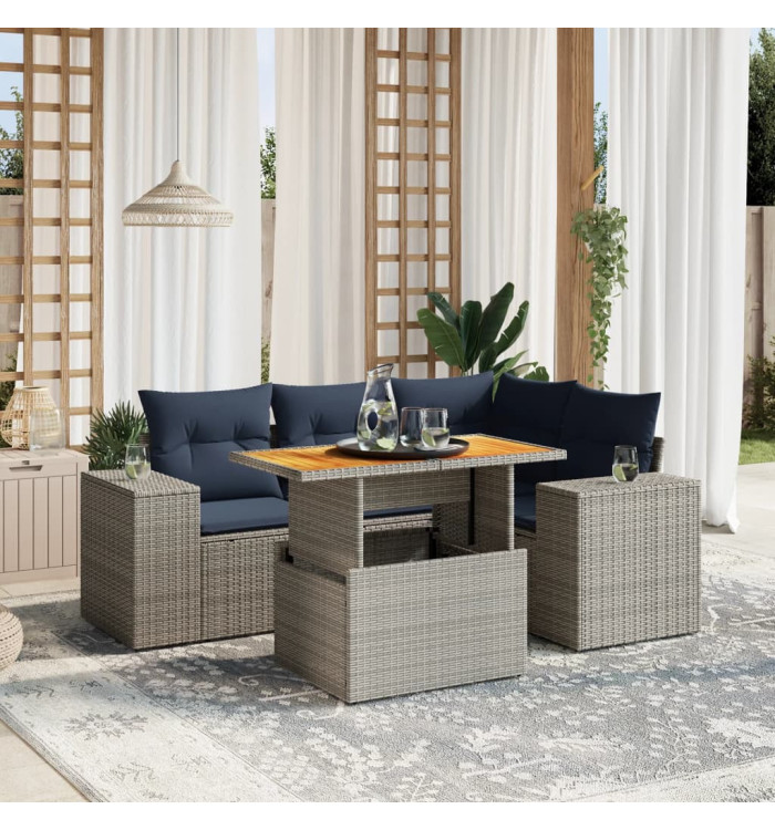 Salon de jardin 5 pcs avec coussins gris résine tressée | Mobilier & Déco
