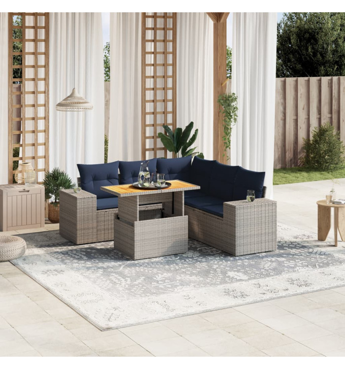 Salon de jardin 6 pcs avec coussins gris résine tressée | Mobilier & Déco