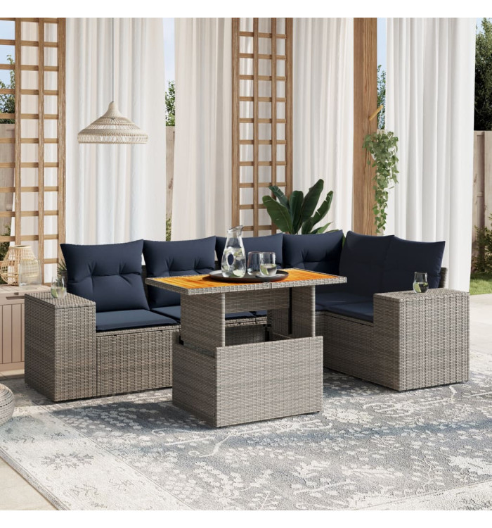 Salon de jardin 6 pcs avec coussins gris résine tressée | Mobilier & Déco