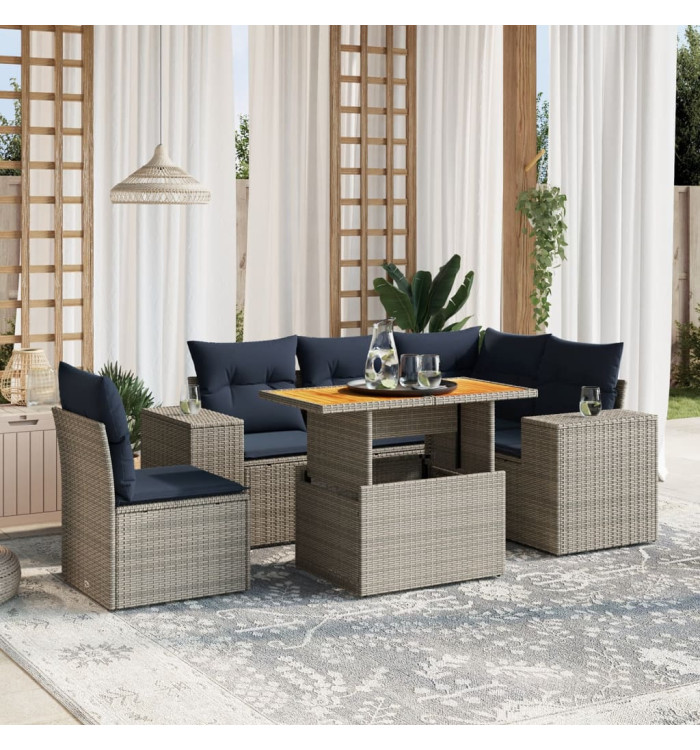 Salon de jardin 6 pcs avec coussins gris résine tressée | Mobilier & Déco