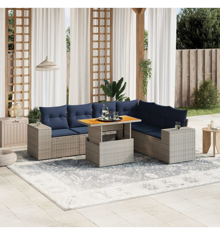 Salon de jardin 7 pcs avec coussins gris résine tressée | Mobilier & Déco