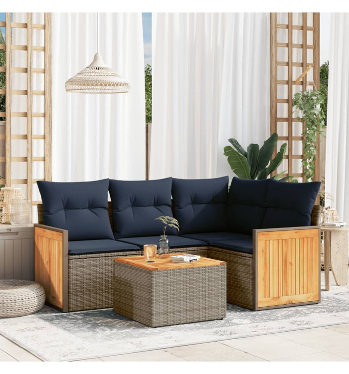 Salon de jardin 5 pcs avec coussins gris résine tressée | Mobilier & Déco