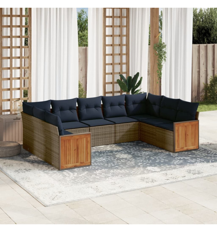 Salon de jardin 9 pcs avec coussins gris résine tressée | Mobilier & Déco