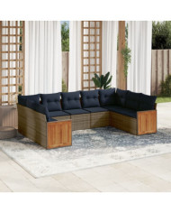Salon de jardin 9 pcs avec coussins gris résine tressée | Mobilier & Déco