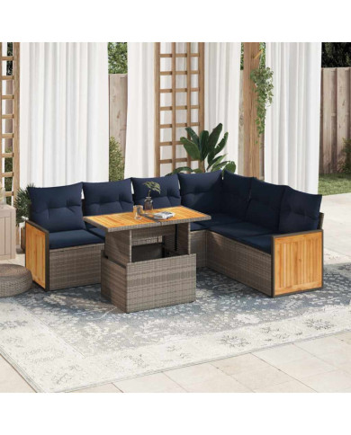 Salon de jardin avec coussins 7 pcs gris résine tressée acacia | Mobilier & Déco