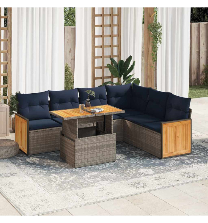 Salon de jardin avec coussins 7 pcs gris résine tressée acacia | Mobilier & Déco