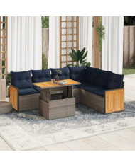 Salon de jardin avec coussins 7 pcs gris résine tressée acacia | Mobilier & Déco