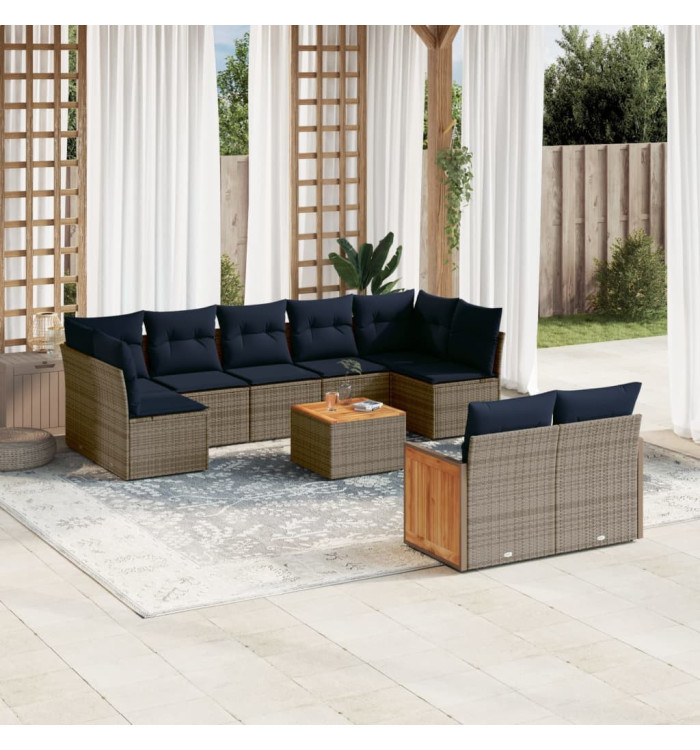 Salon de jardin 10 pcs avec coussins gris résine tressée | Mobilier & Déco