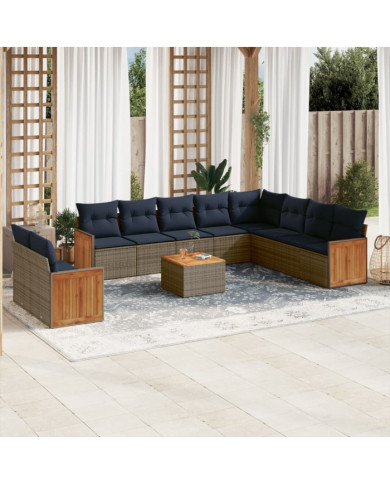 Salon de jardin 11 pcs avec coussins gris résine tressée | Mobilier & Déco