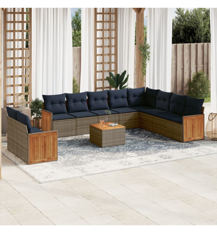 Salon de jardin 11 pcs avec coussins gris résine tressée | Mobilier & Déco