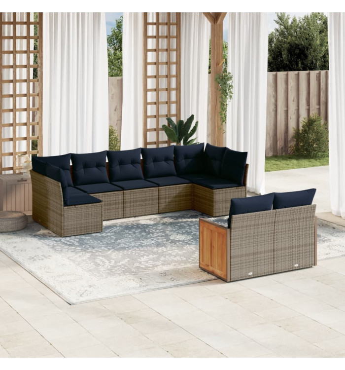Salon de jardin 9 pcs avec coussins gris résine tressée | Mobilier & Déco
