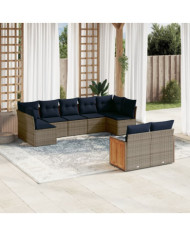 Salon de jardin 9 pcs avec coussins gris résine tressée | Mobilier & Déco