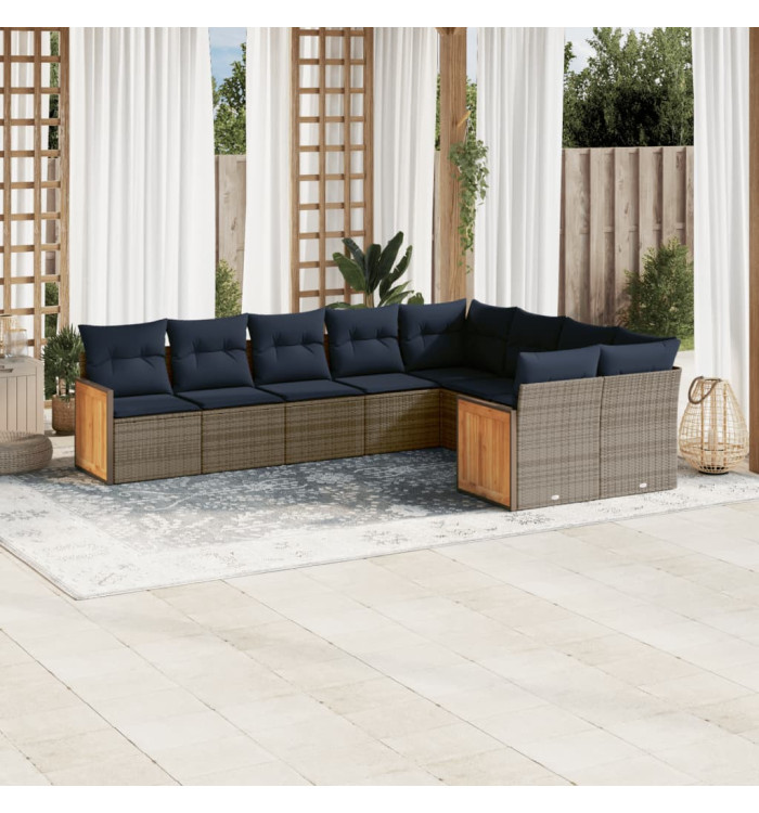 Salon de jardin 9 pcs avec coussins gris résine tressée | Mobilier & Déco