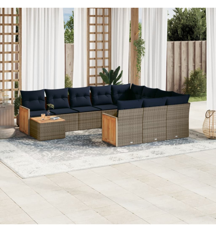 Salon de jardin 11 pcs avec coussins gris résine tressée | Mobilier & Déco