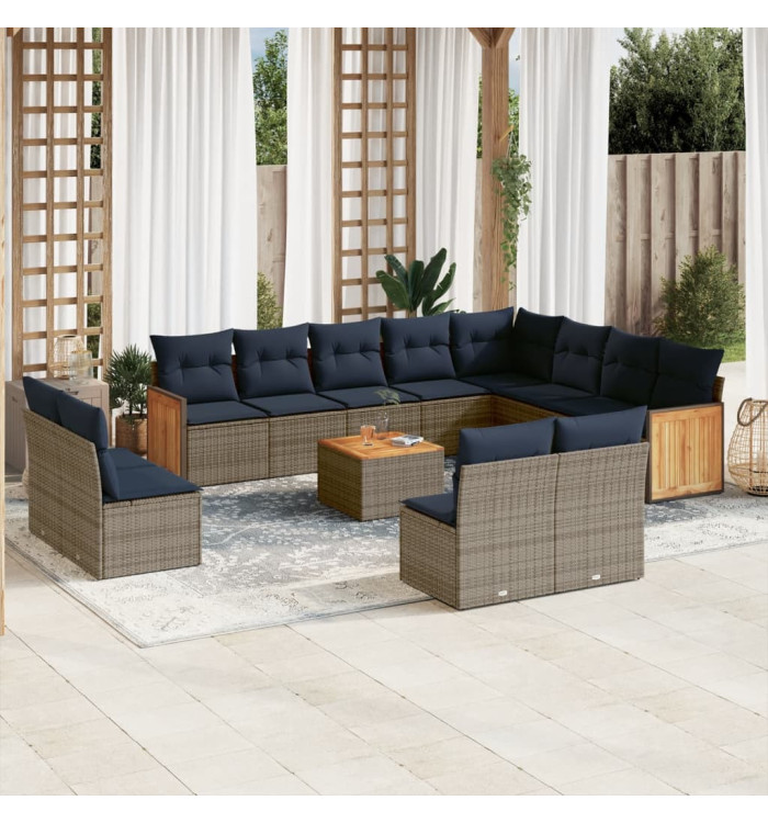 Salon de jardin avec coussins 13 pcs gris résine tressée | Mobilier & Déco