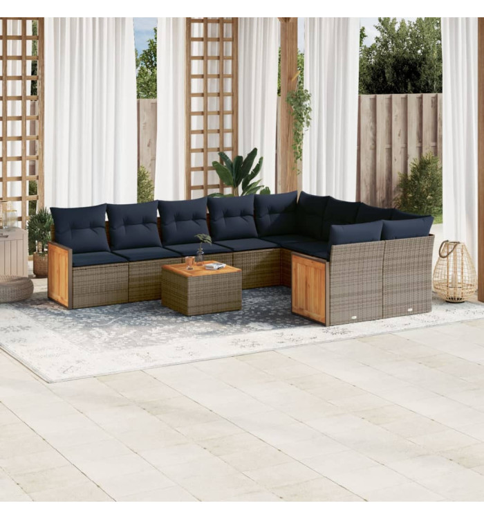 Salon de jardin 10 pcs avec coussins gris résine tressée | Mobilier & Déco