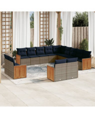 Salon de jardin avec coussins 13 pcs gris résine tressée | Mobilier & Déco