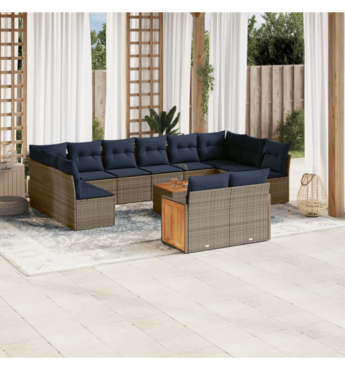 Salon de jardin avec coussins 13 pcs gris résine tressée | Mobilier & Déco