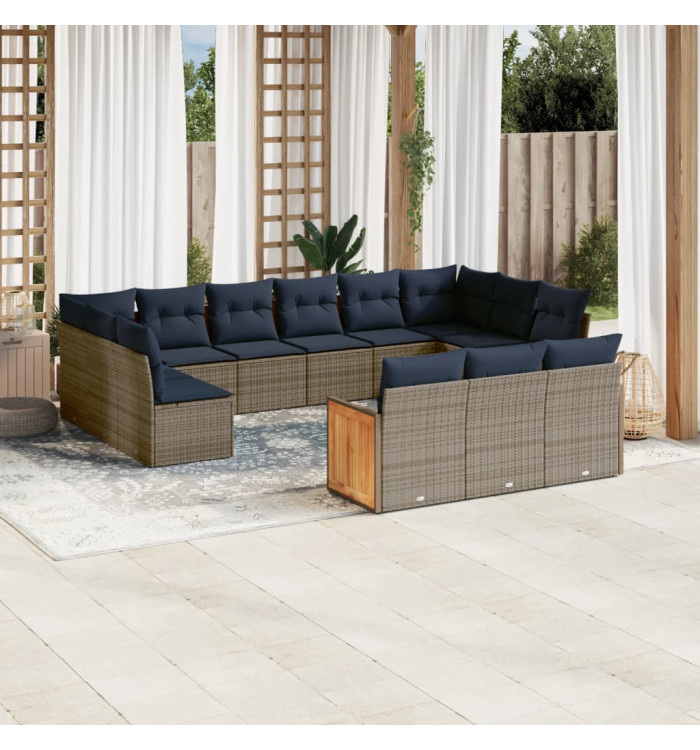 Salon de jardin avec coussins 13 pcs gris résine tressée | Mobilier & Déco