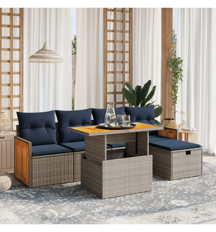 Salon de jardin 6 pcs avec coussins gris résine tressée | Mobilier & Déco