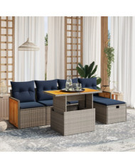 Salon de jardin 6 pcs avec coussins gris résine tressée | Mobilier & Déco