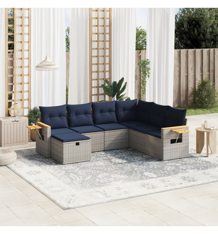Salon de jardin 7 pcs avec coussins gris résine tressée | Mobilier & Déco