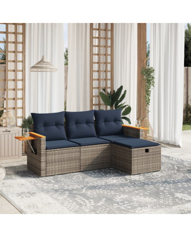 Salon de jardin 4 pcs avec coussins gris résine tressée | Mobilier & Déco