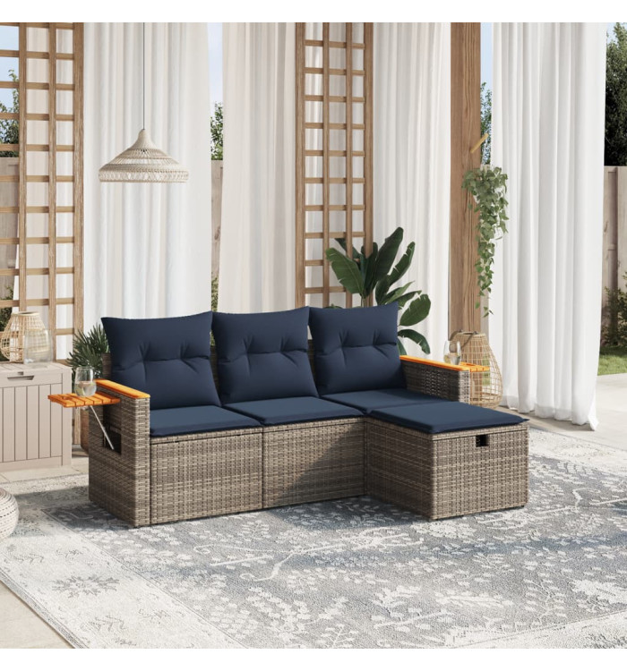 Salon de jardin 4 pcs avec coussins gris résine tressée | Mobilier & Déco