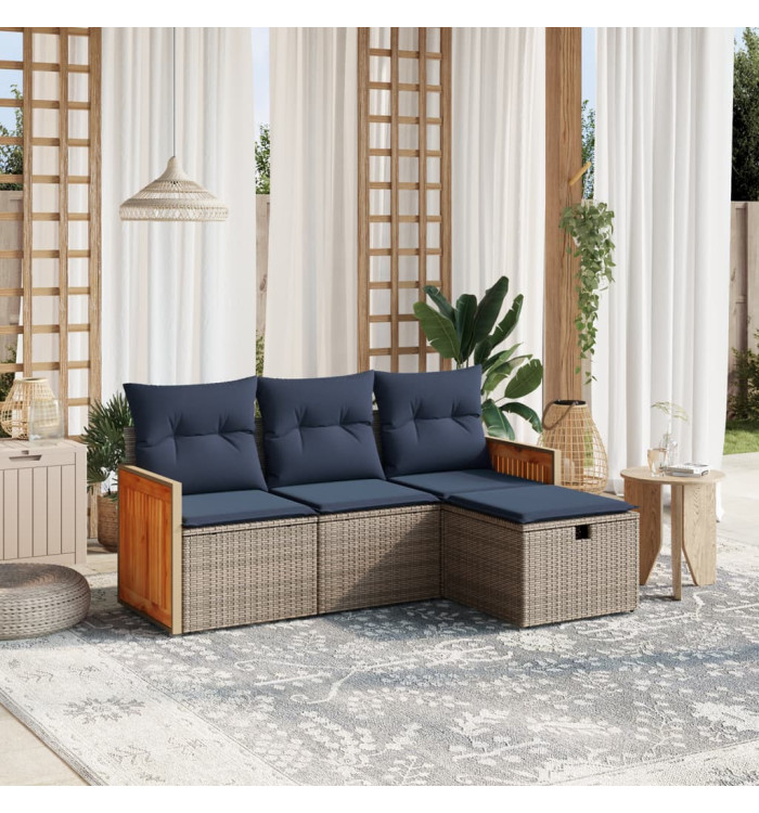 Salon de jardin 4 pcs avec coussins gris résine tressée | Mobilier & Déco