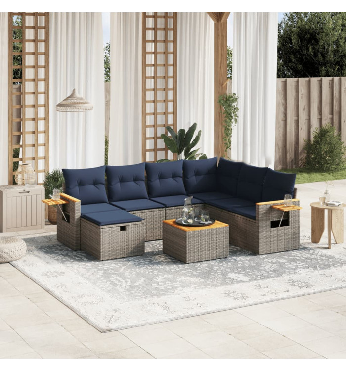 Salon de jardin 8 pcs avec coussins gris résine tressée | Mobilier & Déco