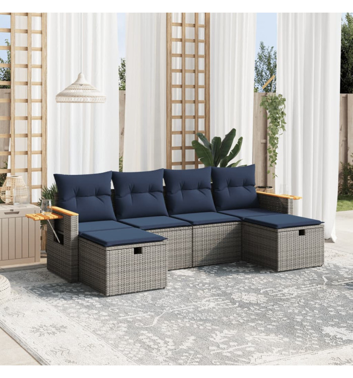 Salon de jardin 6 pcs avec coussins gris résine tressée | Mobilier & Déco