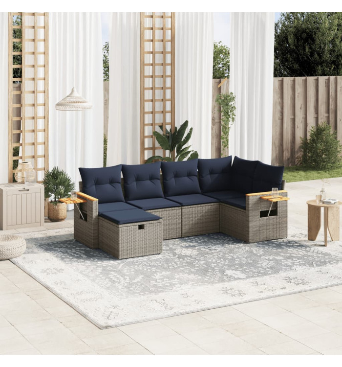 Salon de jardin 6 pcs avec coussins gris résine tressée | Mobilier & Déco
