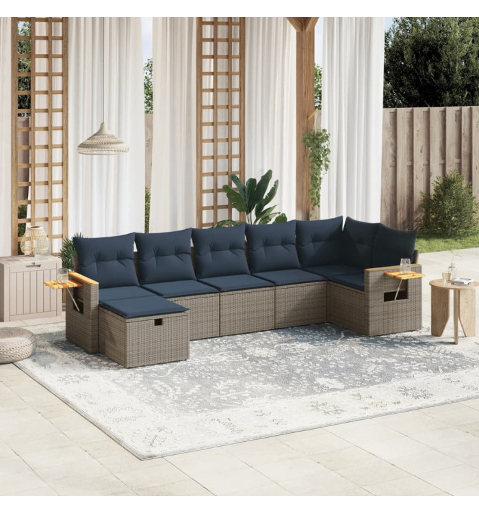 Salon de jardin 7 pcs avec coussins gris résine tressée | Mobilier & Déco