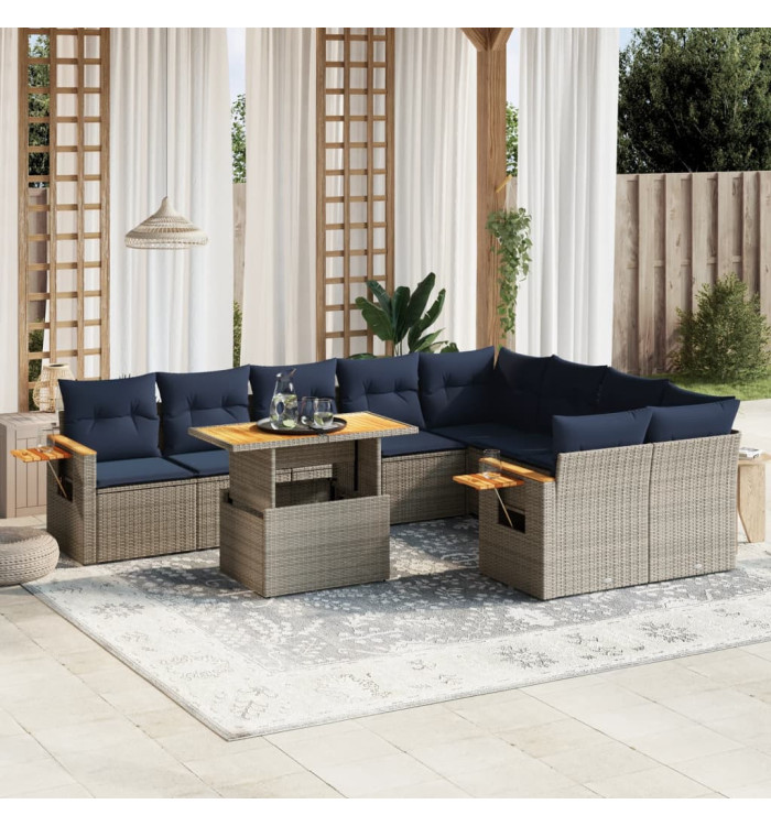 Salon de jardin 10 pcs avec coussins gris résine tressée | Mobilier & Déco