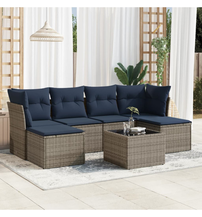 Salon de jardin 7 pcs avec coussins gris résine tressée | Mobilier & Déco